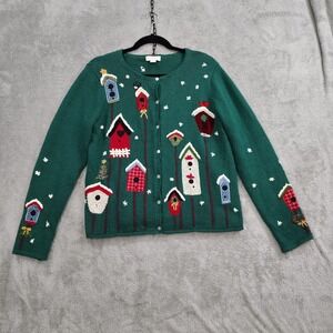 Northern Isles M‎ Green Cotton Winter Christmas Birdhouse Bird Cardigan Sweater